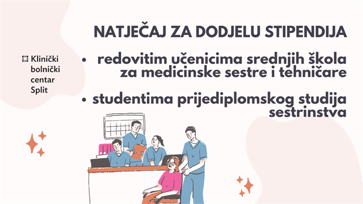 Objavljen natječaj za dodjelu stipendija učenicima srednjih škola koji se obrazuju za medicinske sestre i tehničare te studentima prijediplomskog studija sestrinstva