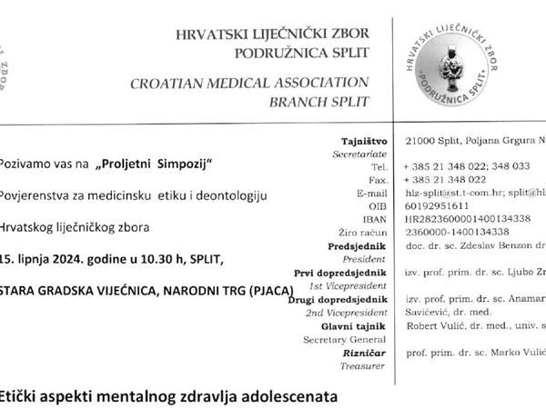 Proljetni simpozij medicinske etike "Etički aspekti mentalnog zdravlja adolescenata"