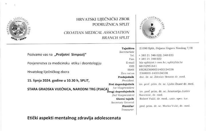 Proljetni simpozij medicinske etike "Etički aspekti mentalnog zdravlja adolescenata"