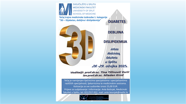 “3D – Dijabetes, debljina i dislipidemija” - Tečaj trajne medicinske izobrazbe 1. kategorije - 28. i 29. ožujka