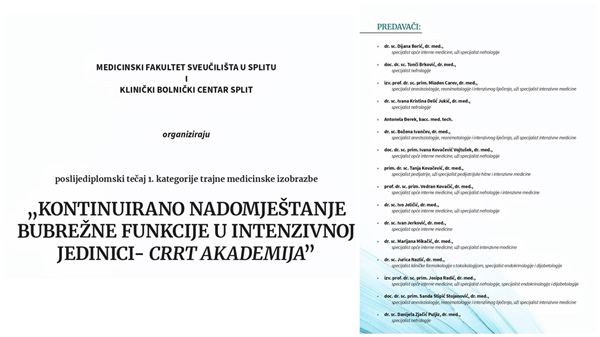 Prijave za tečaj „Kontinuirano nadomještanje bubrežne funkcije u intenzivnoj jedinici - CRRT akademija” - 24. i 25. listopada 2025