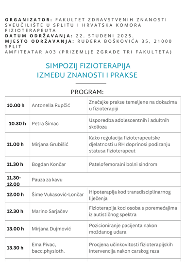 Bodovani simpozij „Fizioterapija između znanosti i prakse” - 22. studenog 2025.